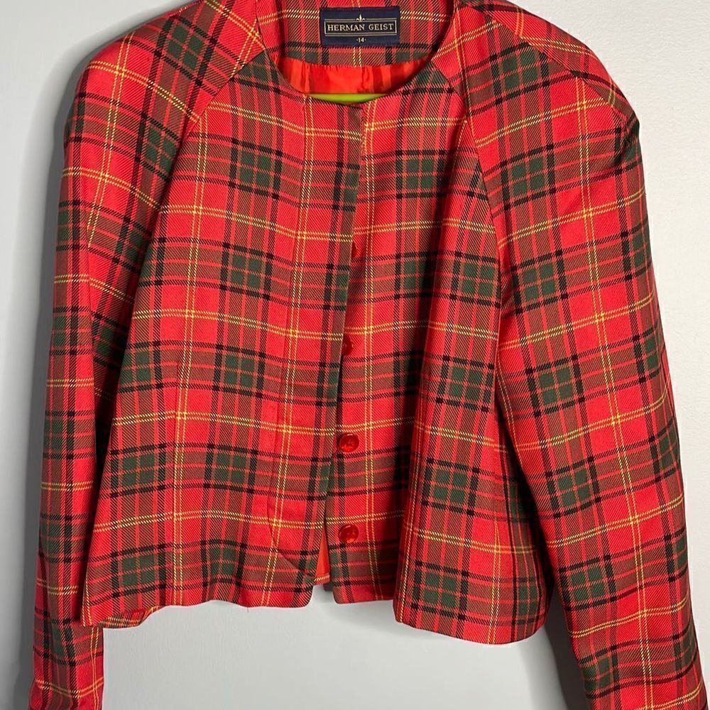 Vintage Herman Geist Red Tartan Plaid Suit Jacket Blazer Ugly Christmas Sweater